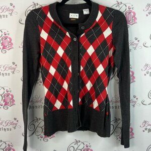 AUR sweater cardigan diamond print button up Red and Gray Argyle Wool Sweater
